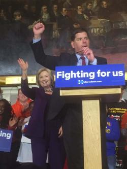 Mayor Martin Walsh is cheered on by Hillary Clinton, his choice for president, during a rally at Faneuil Hall on Sunday. Photo courtesy Cam Charbonnier
